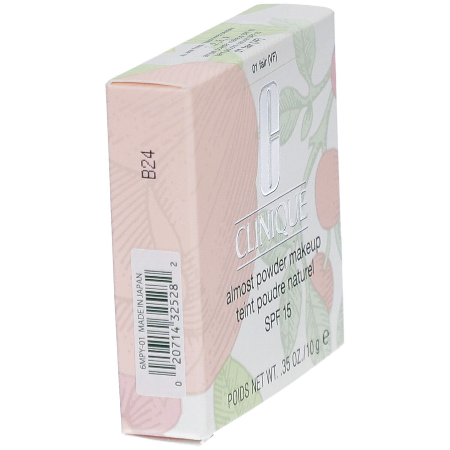 Clinique Fast Puder-Makeup SPF 15, FAIR. Verpackung mit floralem Muster. Barcode und Produktinformationen.