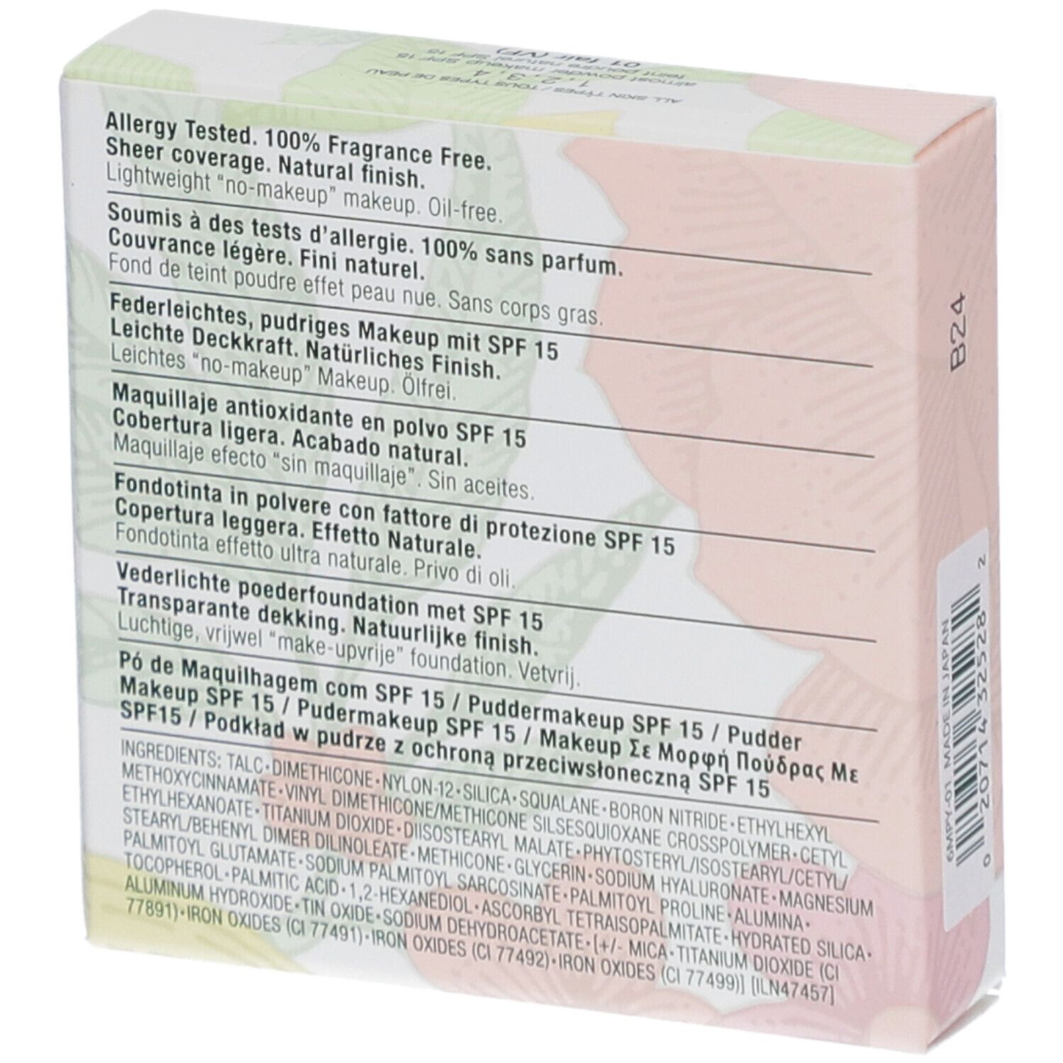 Clinique Fast Puder-Makeup SPF 15, FAIR. Rückseite der Verpackung mit Produktinformationen in mehreren Sprachen.