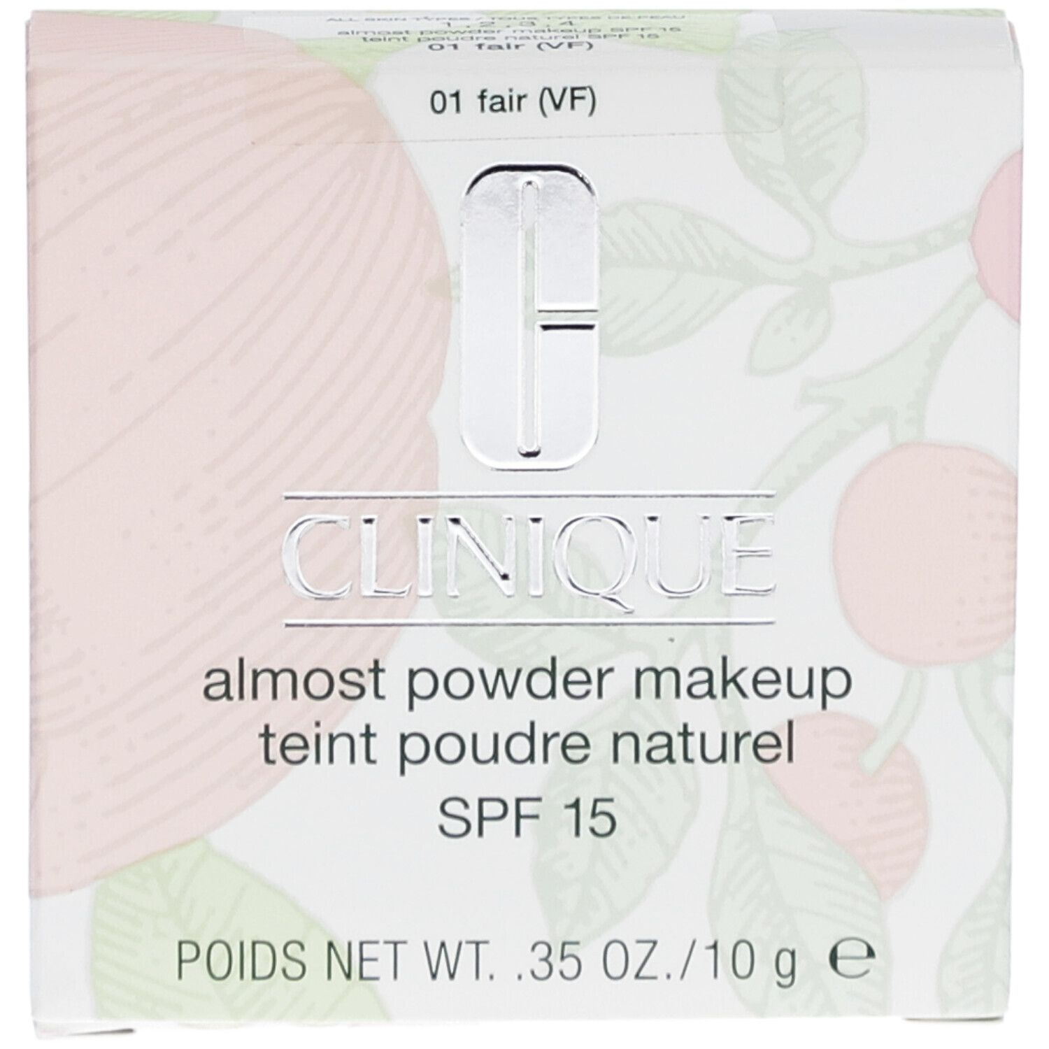 Clinique Fast Puder-Makeup SPF 15, FAIR. Verpackung mit floralem Muster. Produktname und SPF 15 sichtbar.