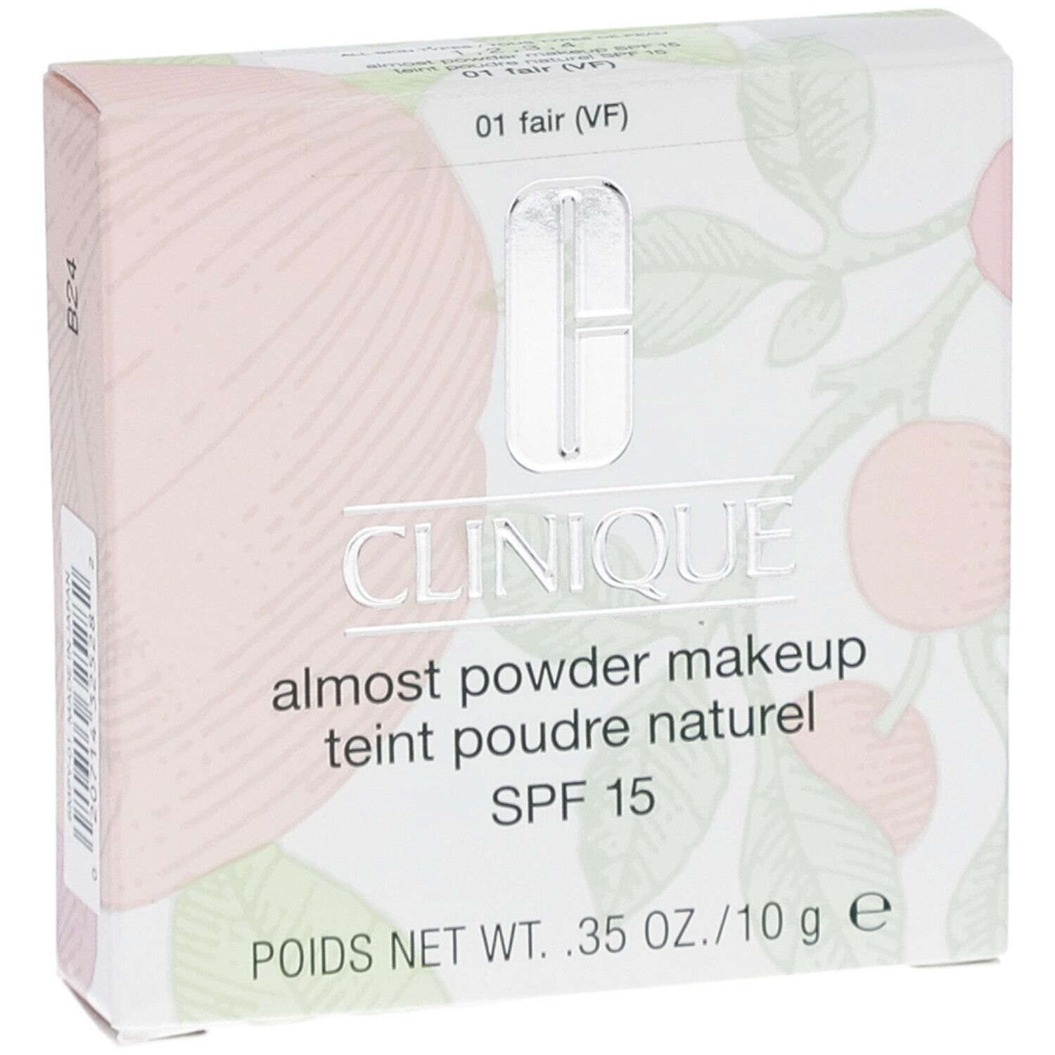 Clinique Fast Puder-Makeup SPF 15, FAIR. Verpackung mit floralem Muster. Produktname und SPF 15 sichtbar.