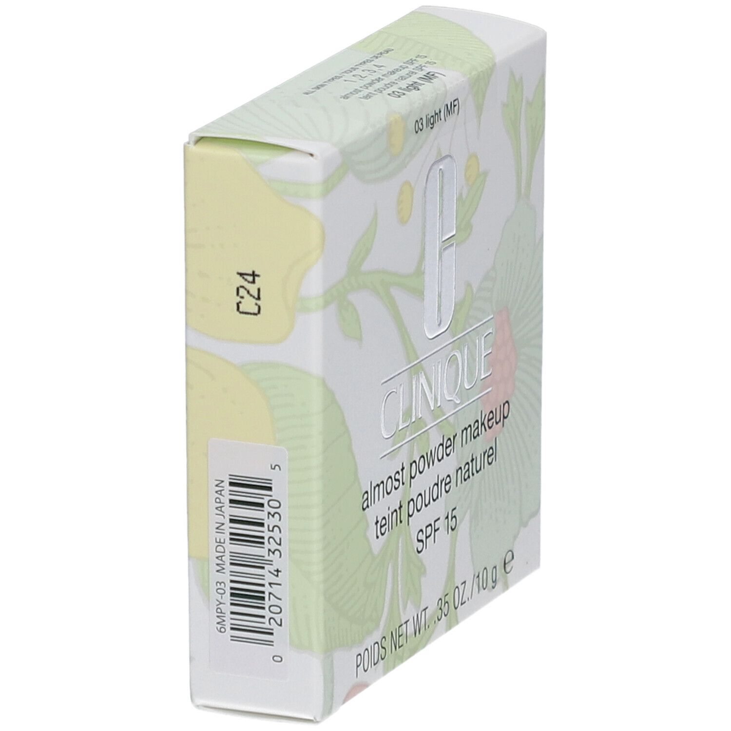 Clinique Puder-Make-up Karton, 10g, SPF 15, mit Seitenansicht und Barcode.