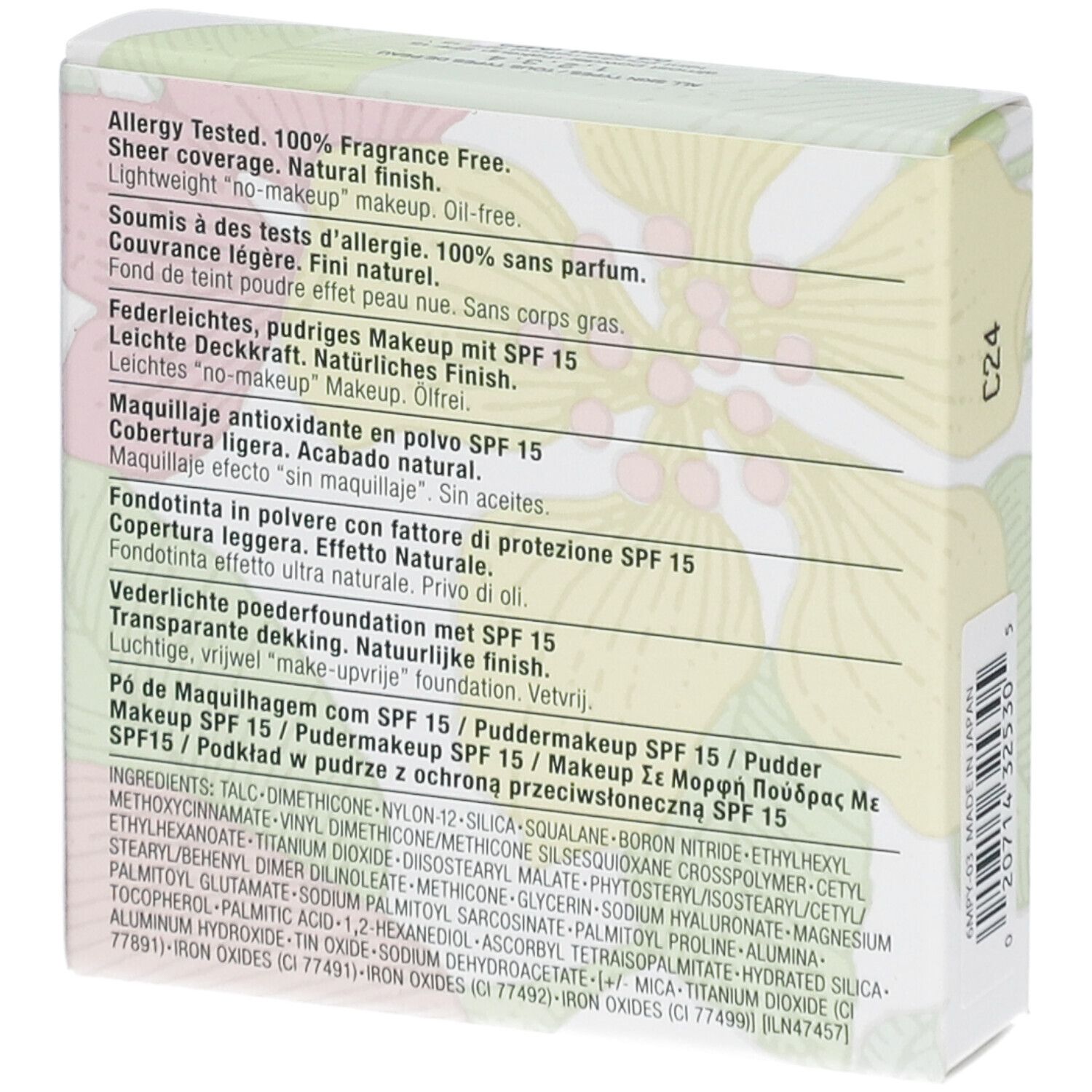 Rückseite der Clinique Puder-Make-up Kartonverpackung mit Inhaltsstoffen und Sprachen.