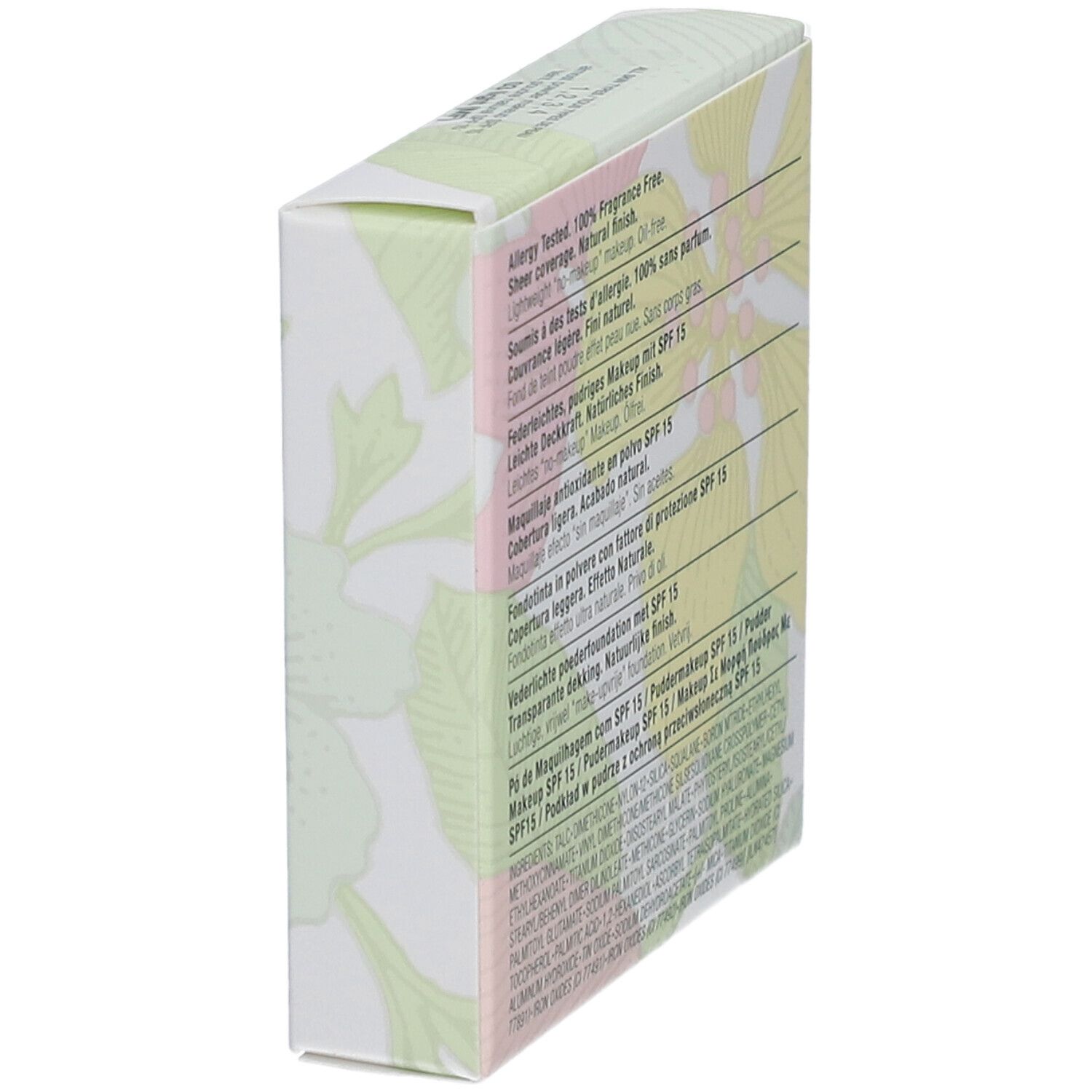 Seitenansicht der Clinique Puder-Make-up Kartonverpackung mit floralem Muster.