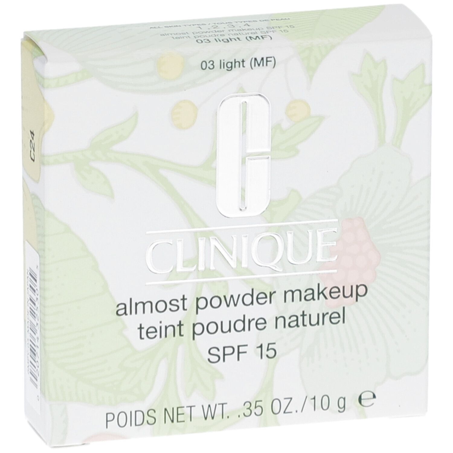 Vorderseite der Clinique Puder-Make-up Kartonverpackung, 10g, SPF 15.