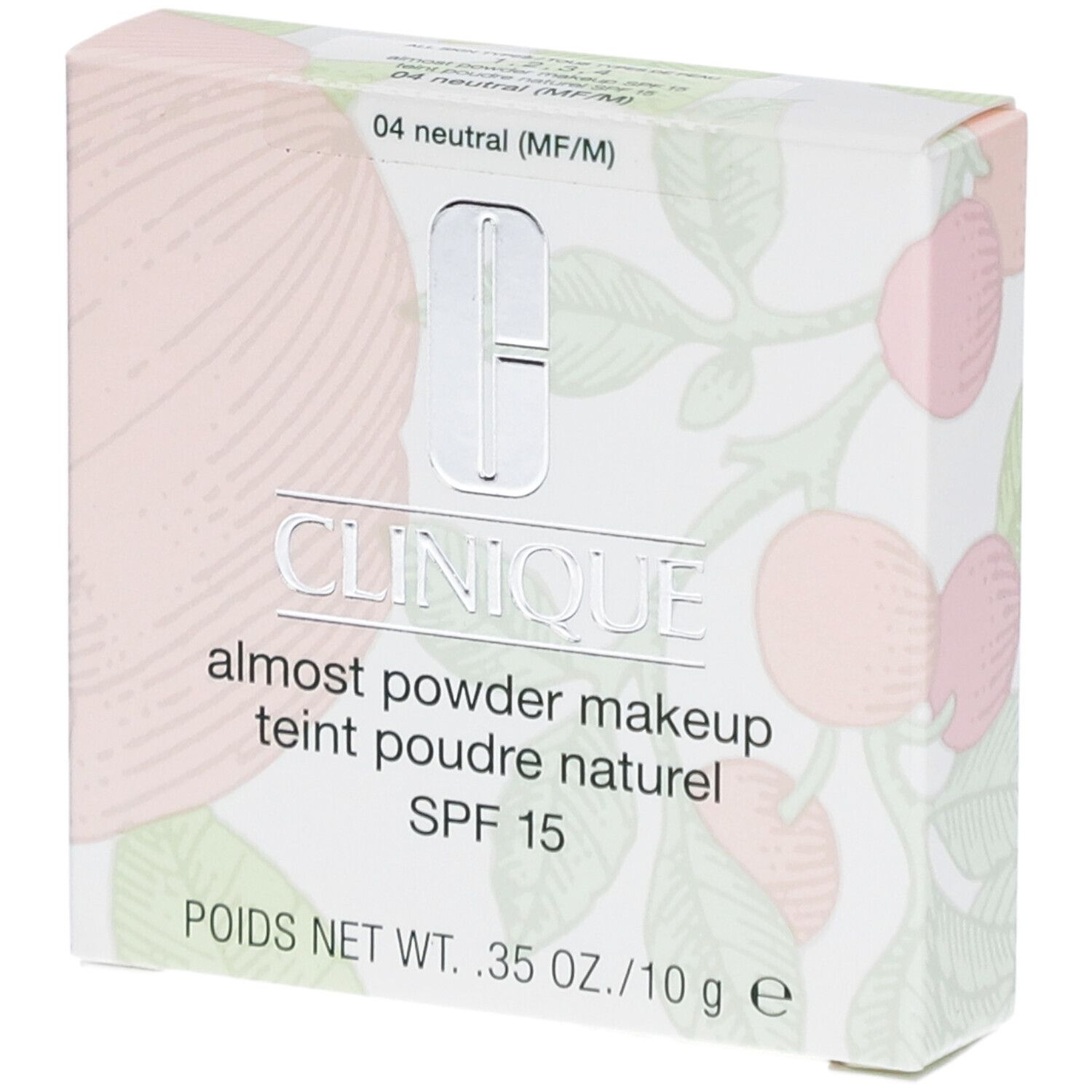 Clinique Fast Puder-Makeup SPF 15. Verpackung mit floralem Muster. Produktname und SPF 15 deutlich sichtbar.