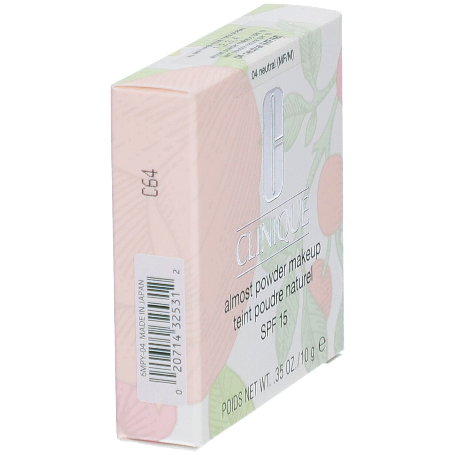 Clinique Fast Puder-Makeup SPF 15. Schräge Ansicht der Verpackung. Produktname und SPF 15 sichtbar.