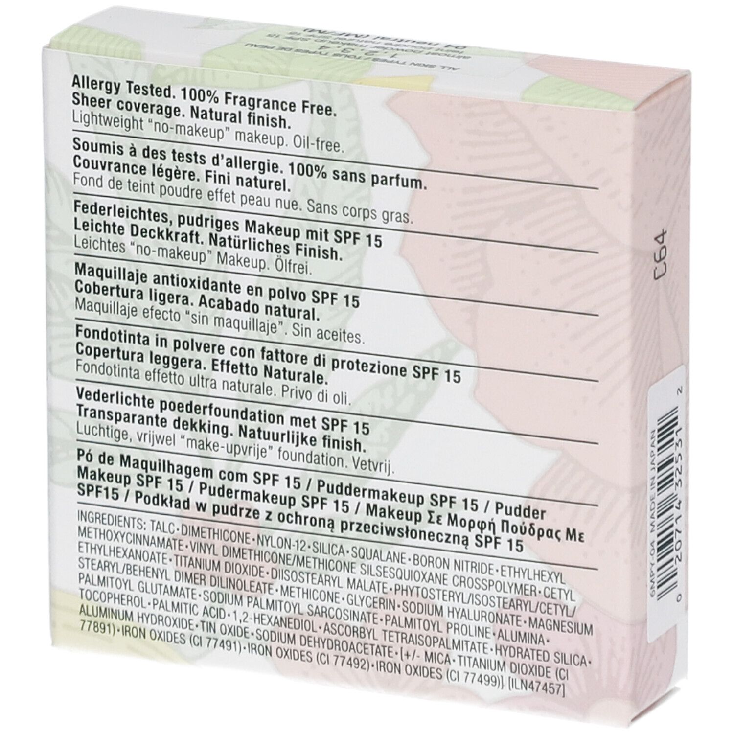Rückseite der Clinique Fast Puder-Makeup SPF 15 Verpackung. Text mit Inhaltsstoffen und Produktinformationen.