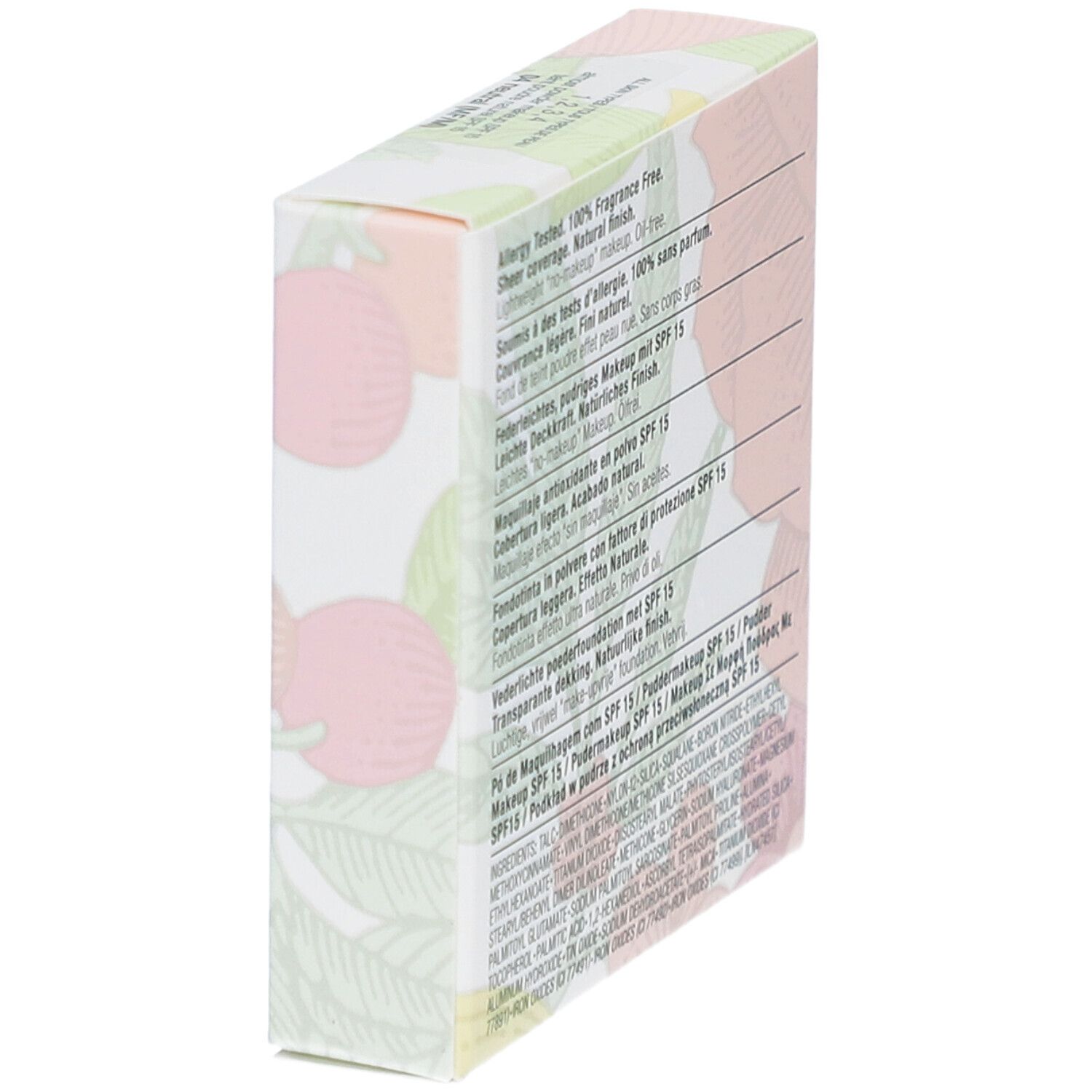 Schräge Ansicht der Clinique Fast Puder-Makeup SPF 15 Verpackung. Text mit Produktinformationen.