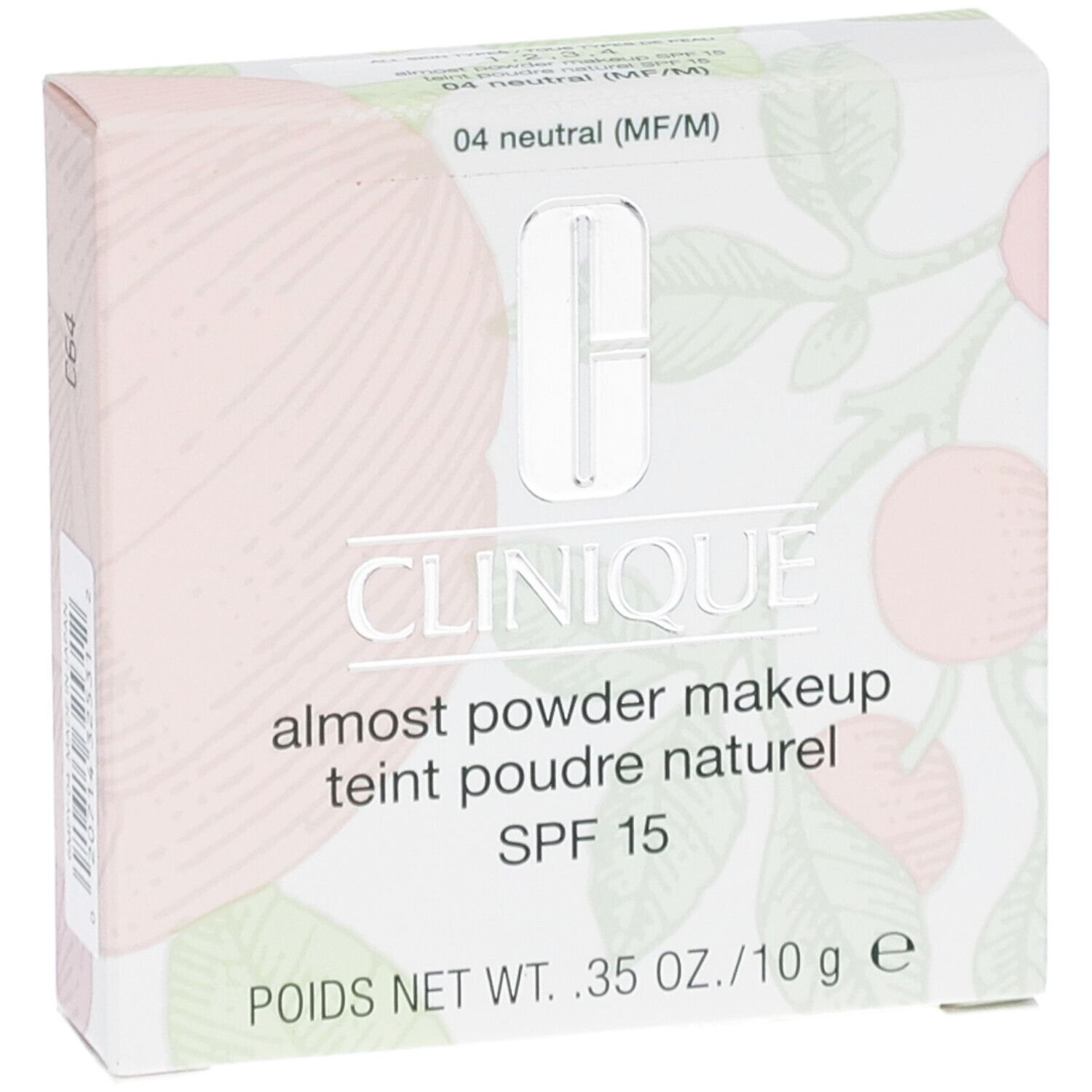 Clinique Fast Puder-Makeup SPF 15. Draufsicht auf die Verpackung. Produktname und SPF 15 deutlich sichtbar.