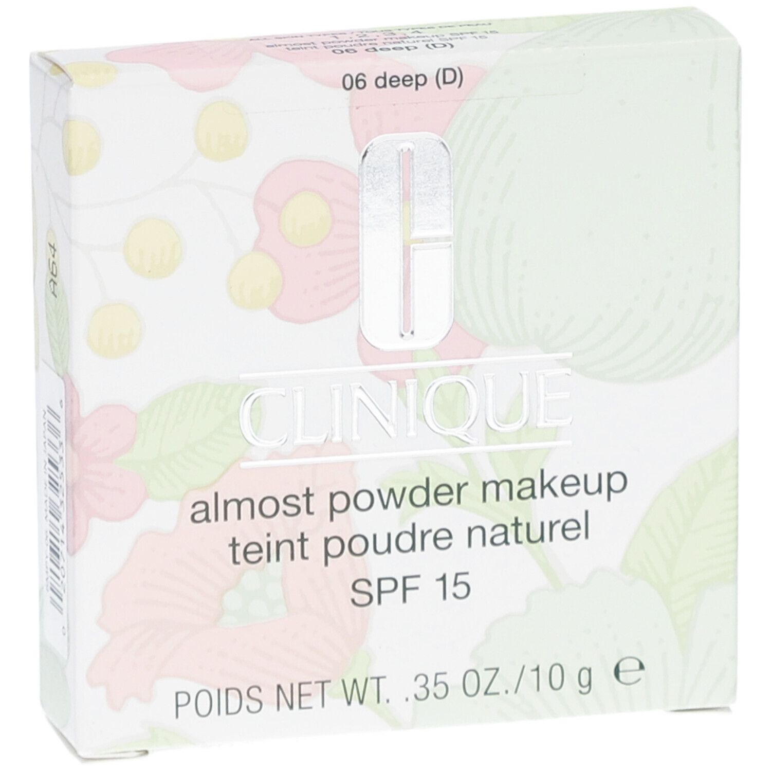 Clinique Fast Puder-Makeup SPF 15. Verpackung mit floralem Muster. Marke und Produktbezeichnung deutlich sichtbar.