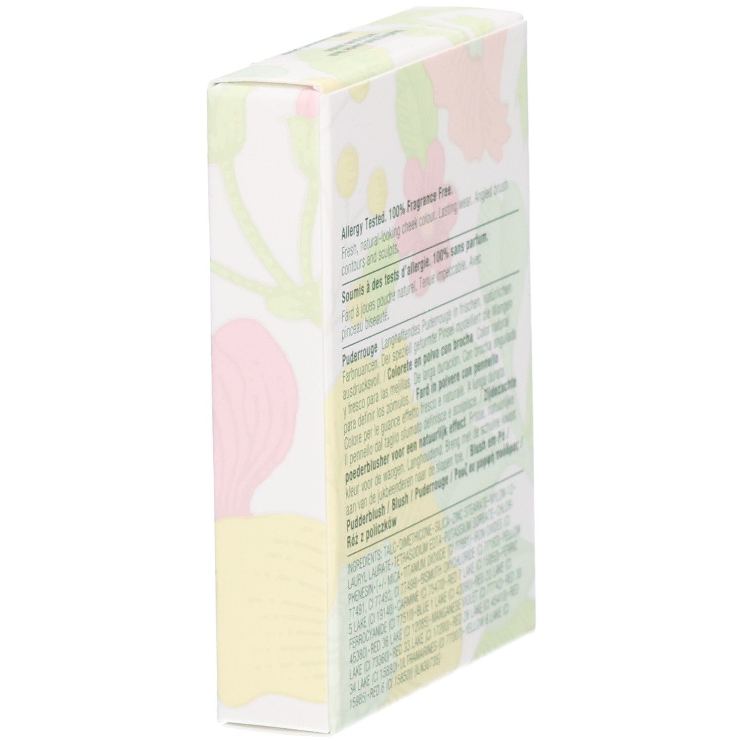 Clinique Blushing Blush Puderdose, Seitenansicht mit floralem Muster. 6g.