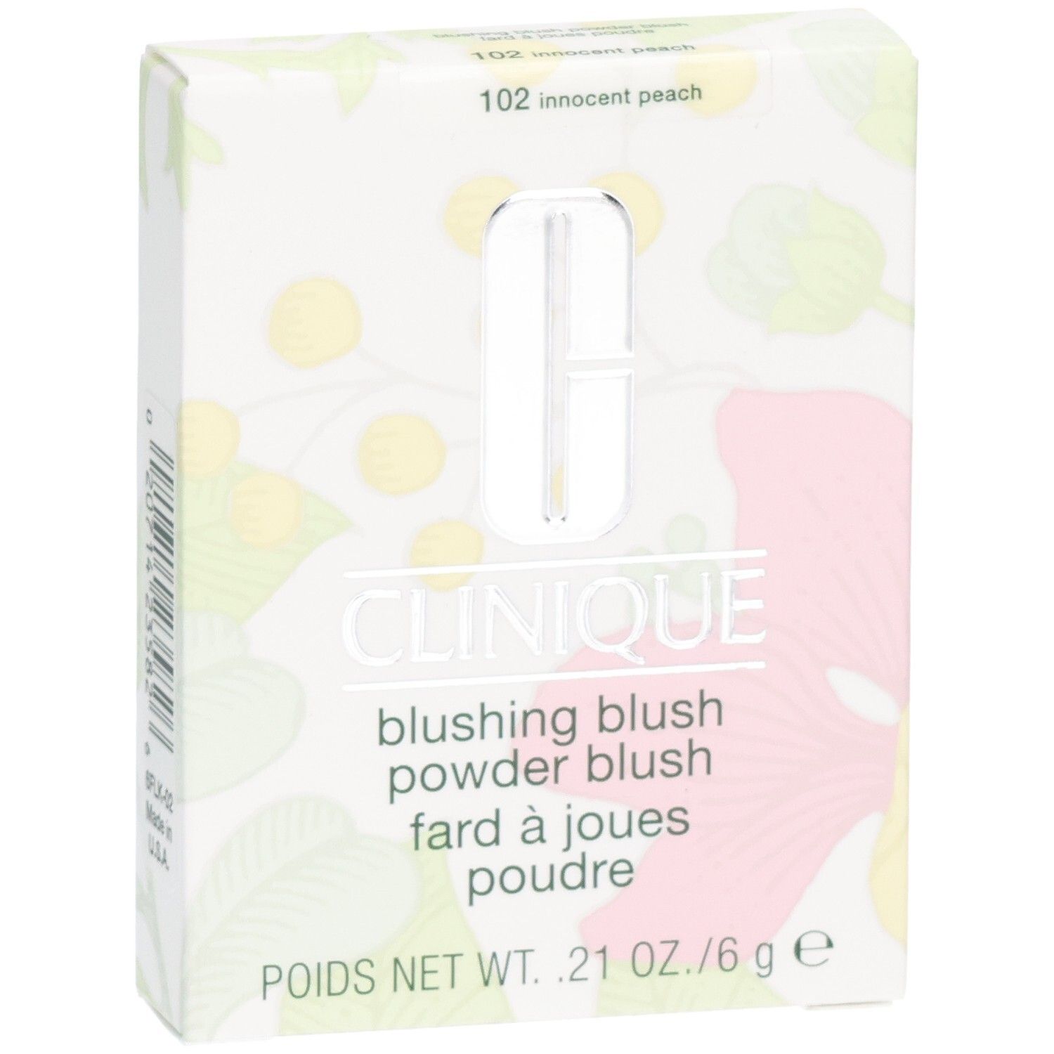 Clinique Blushing Blush Puderdose, Vorderseite mit floralem Muster und Produktinformationen. 6g.