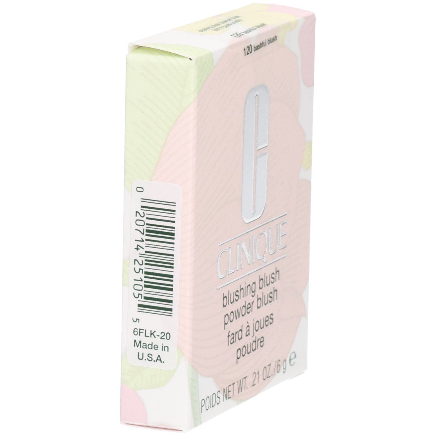Clinique Blushing Blush Puderblush, Farbton 120 Bashful Blush, 6g, Rückseite mit Barcode.