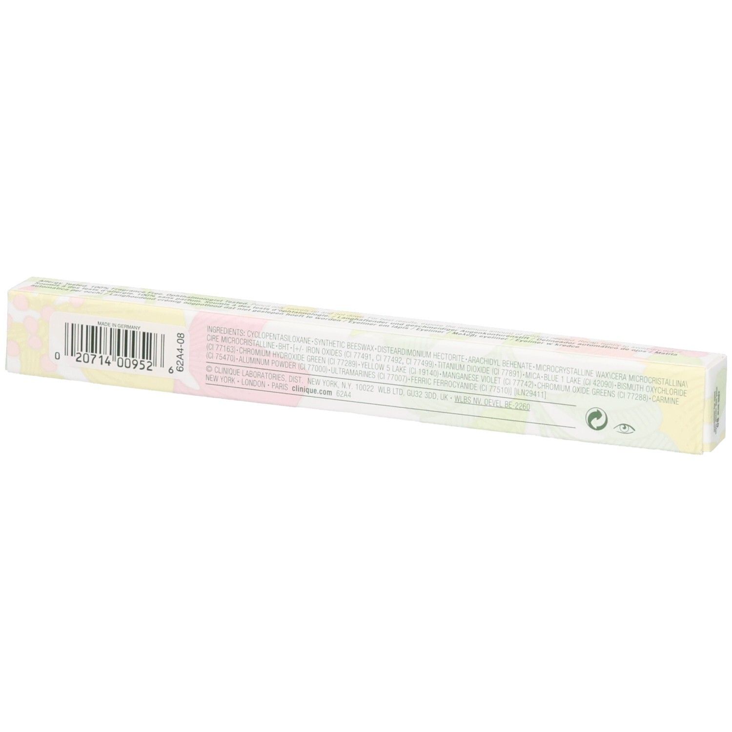 Rückseite der Clinique Quickliner for Eyes Verpackung mit Barcode und Inhaltsstoffen.