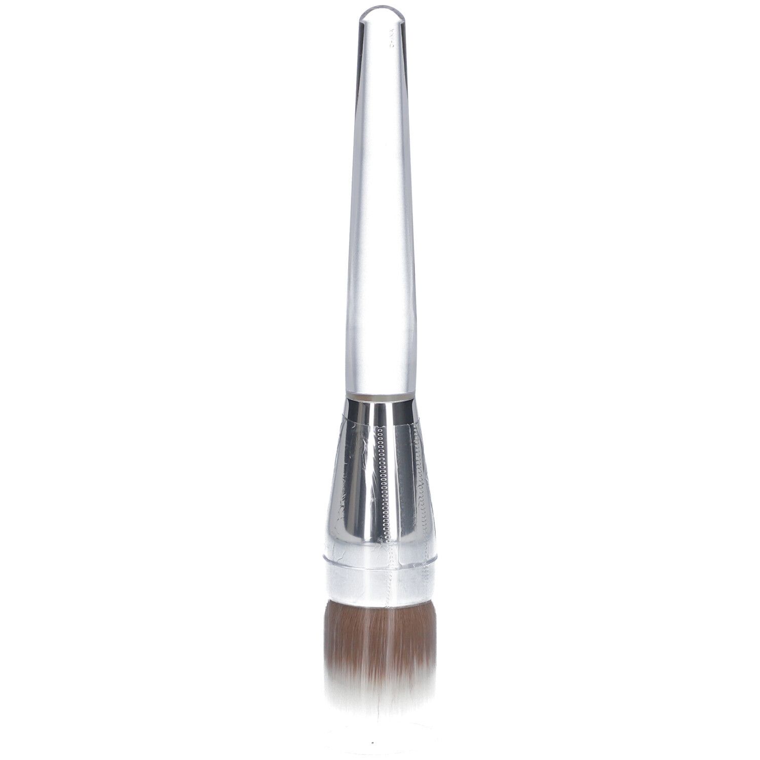 Pinsel mit transparentem Griff und silberfarbener Metallfassung. Der Pinsel hat braune Borsten.