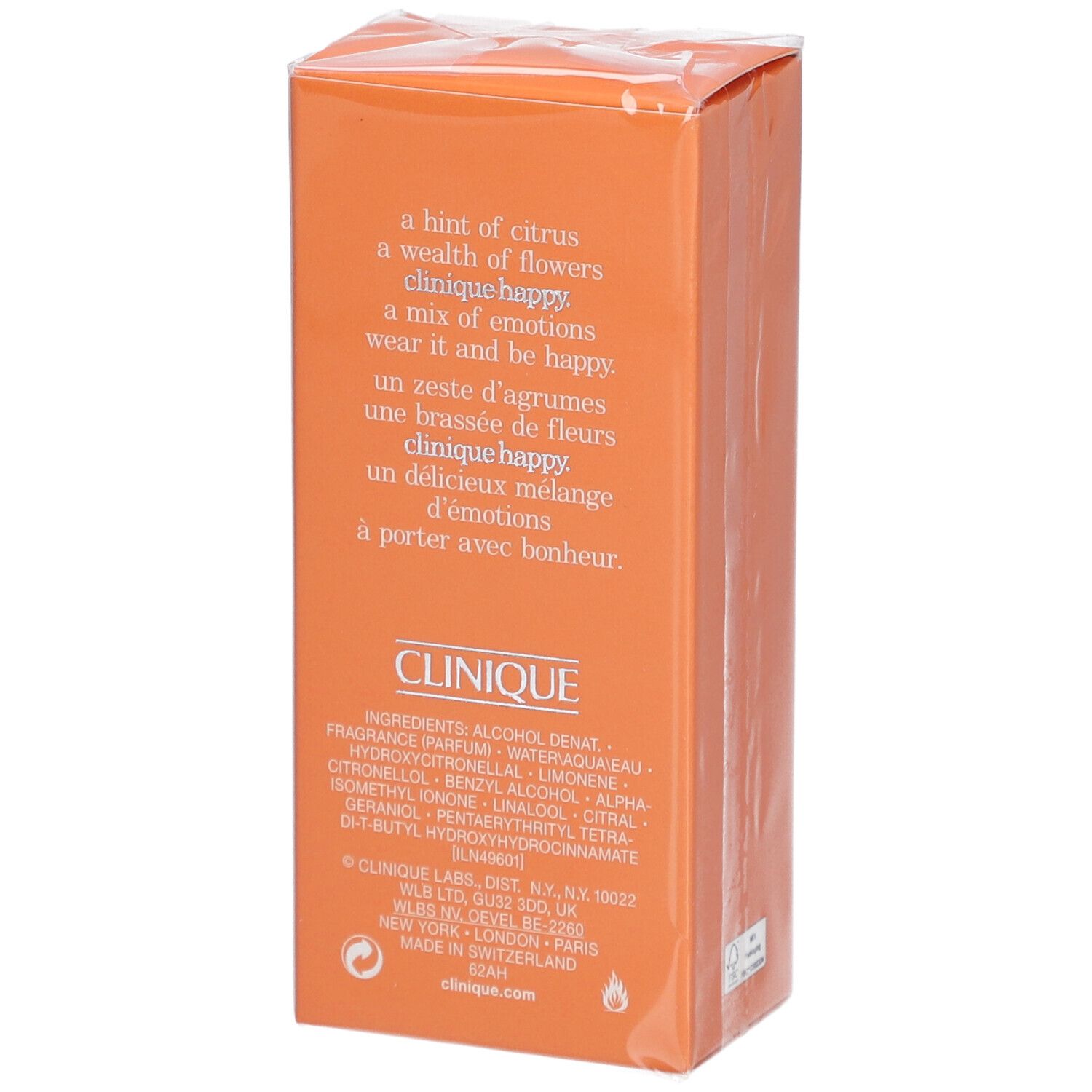 Orangefarbene Verpackung von Clinique Happy Eau de Parfum Spray. Text mit Inhaltsstoffen und Herstellerinformationen.