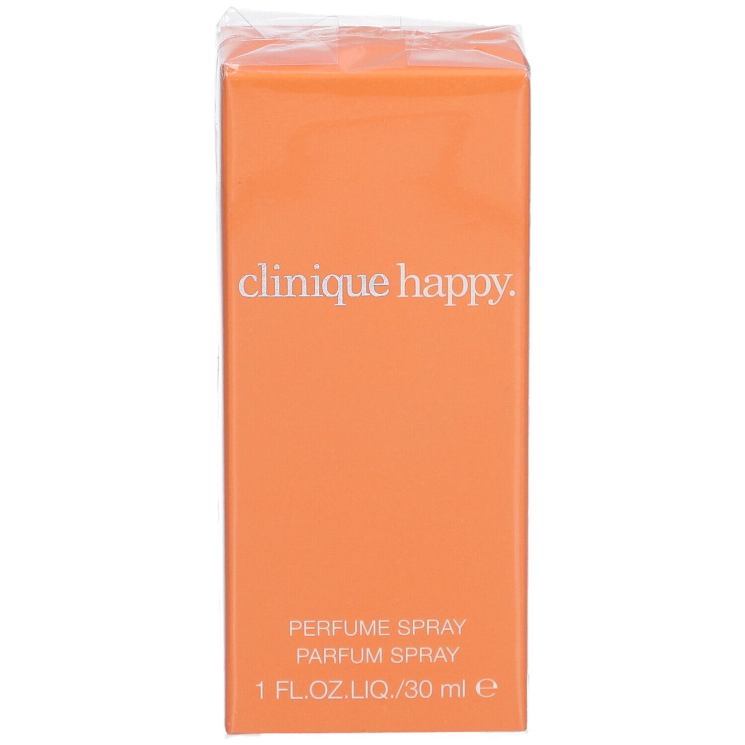 Orangefarbene Verpackung von Clinique Happy Eau de Parfum Spray. Aufschrift: Clinique Happy, Parfum Spray, 1 FL.OZ.LIQ./30 ml e.