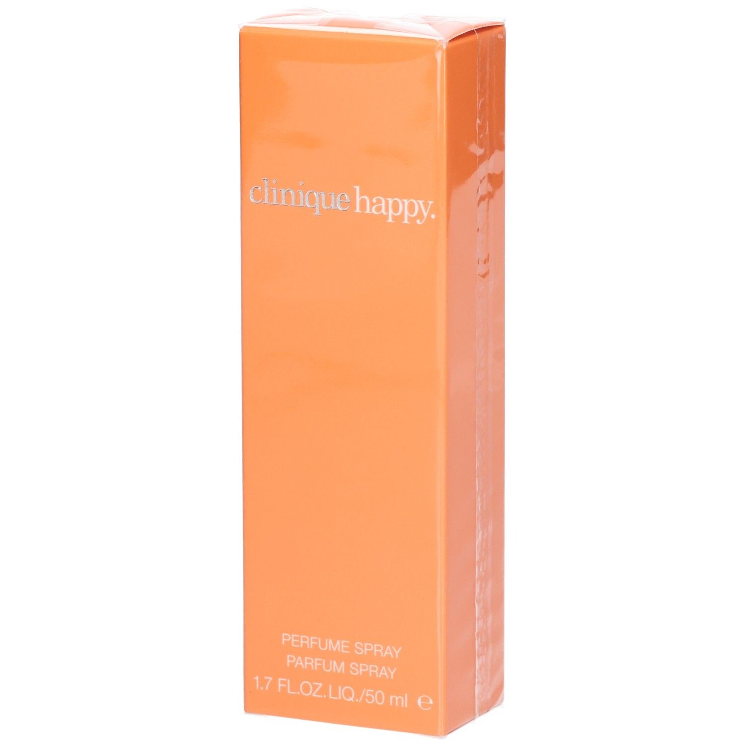 Orangefarbene Verpackung mit Schriftzug "clinique happy". Text: Parfum Spray, 1.7 fl.oz. LIQ./50 ml e.