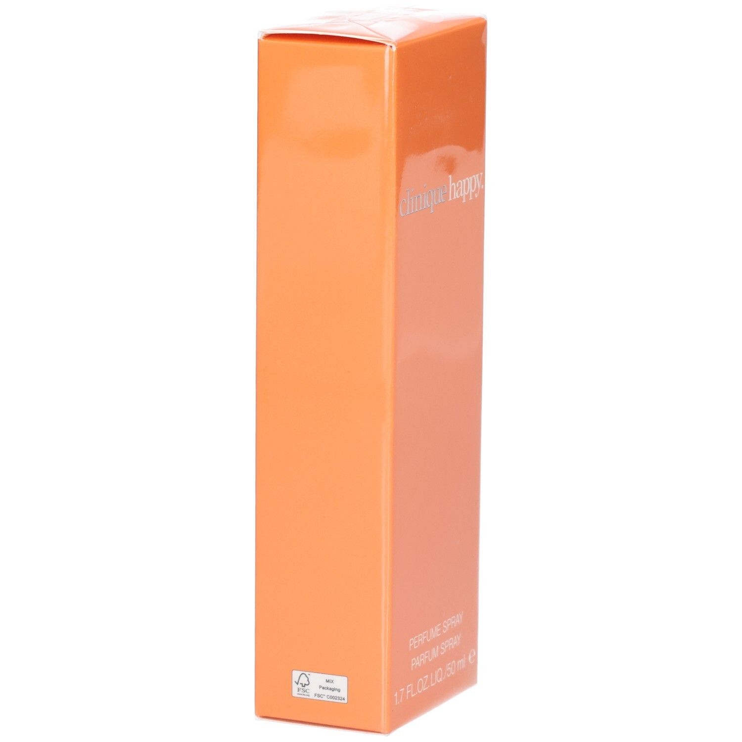 Orangefarbene Verpackung. Text: Parfum Spray, 1.7 fl.oz. LIQ./50 ml e. FSC-Logo.