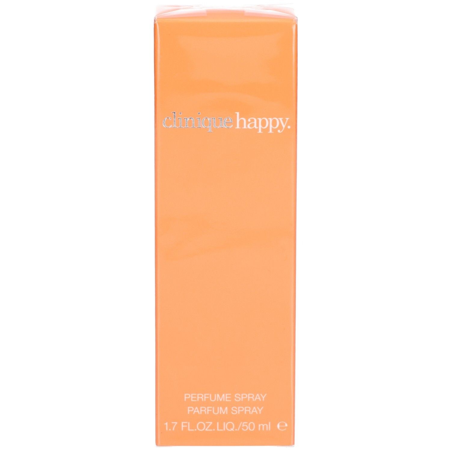 Orangefarbene Verpackung mit Schriftzug "clinique happy". Text: Parfum Spray, 1.7 fl.oz. LIQ./50 ml e.