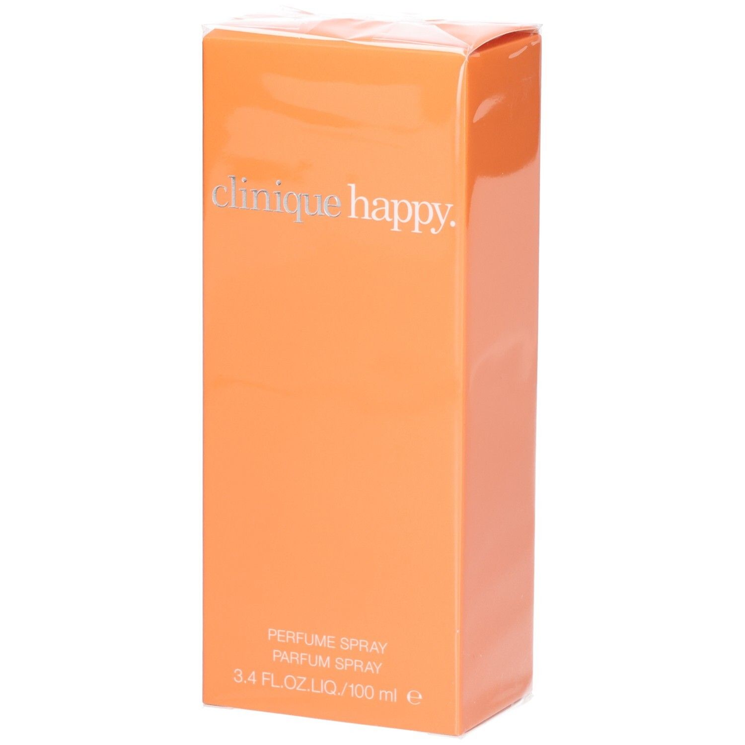 Orangefarbene Verpackung mit silbernem Schriftzug "clinique happy". Unten "PERFUME SPRAY".