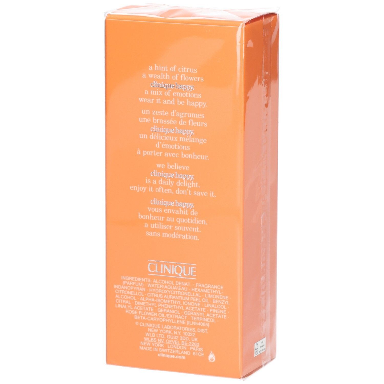 Rückseite der orangefarbenen Verpackung mit Text. Enthält Inhaltsstoffe und Produktbeschreibung.