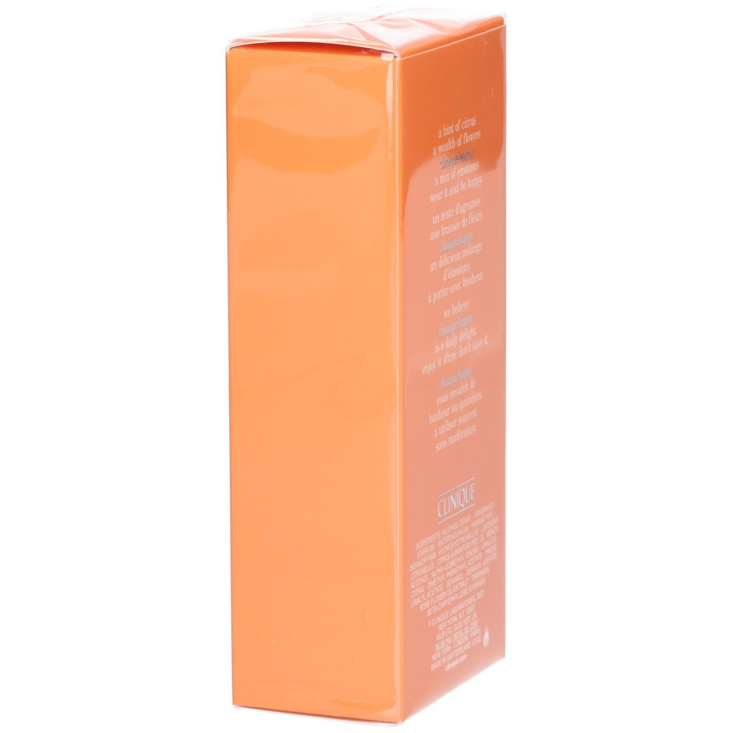 Seitliche Ansicht der orangefarbenen Verpackung mit Text. Enthält Produktbeschreibung.