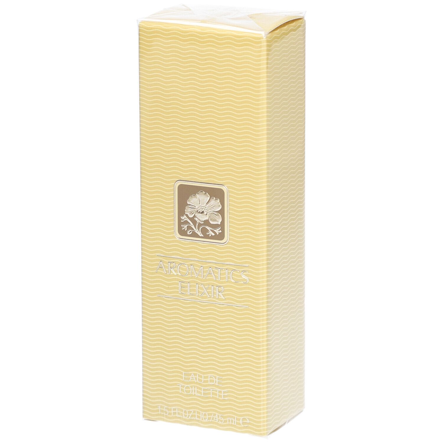 Gelbe rechteckige Schachtel mit Wellenmuster. Aufschrift: Aromatics Elixir Eau de Toilette. Logo mit Blume. Verpackt.