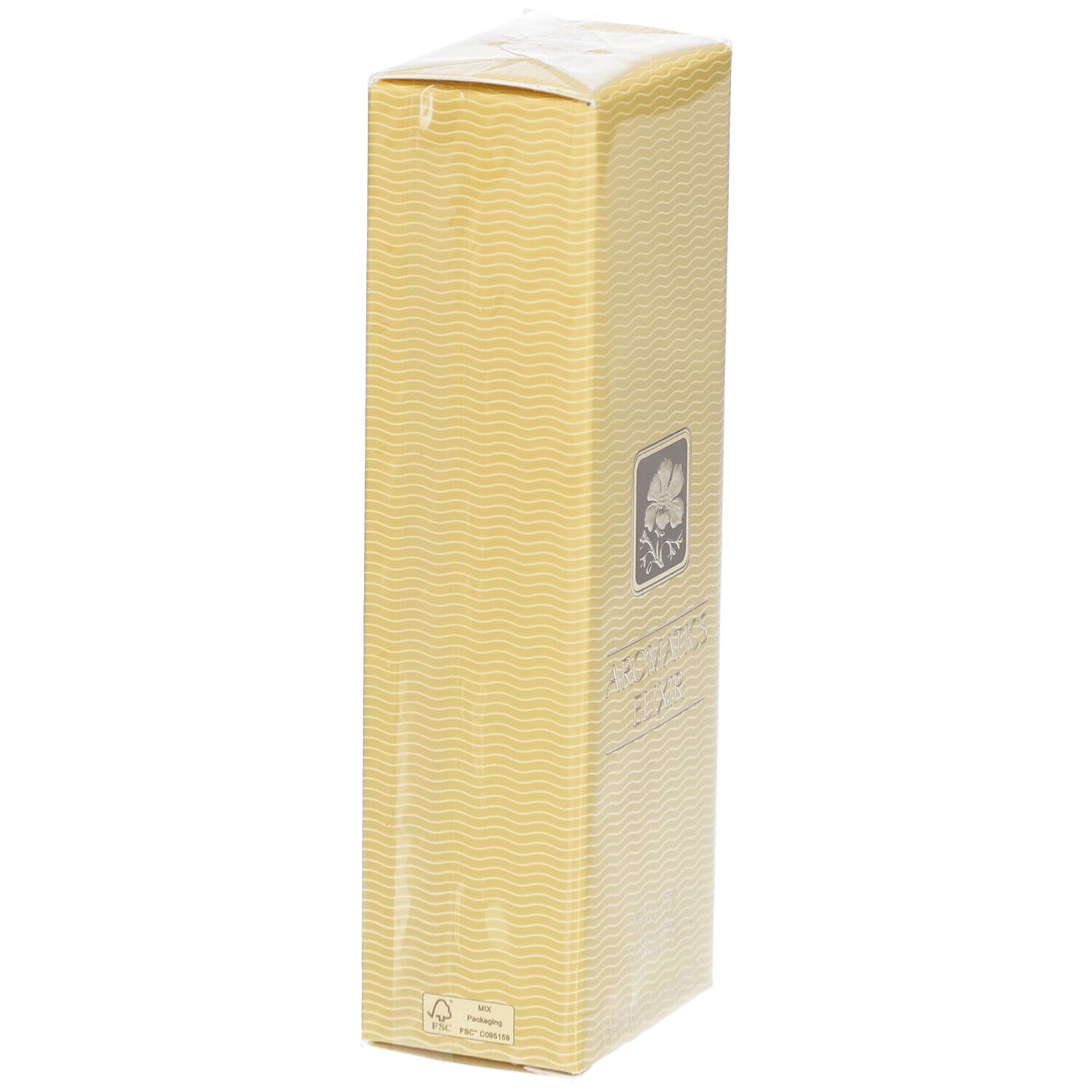 Gelbe rechteckige Schachtel mit Wellenmuster. Aufschrift: Aromatics Elixir Eau de Toilette. Logo mit Blume. Verpackt.