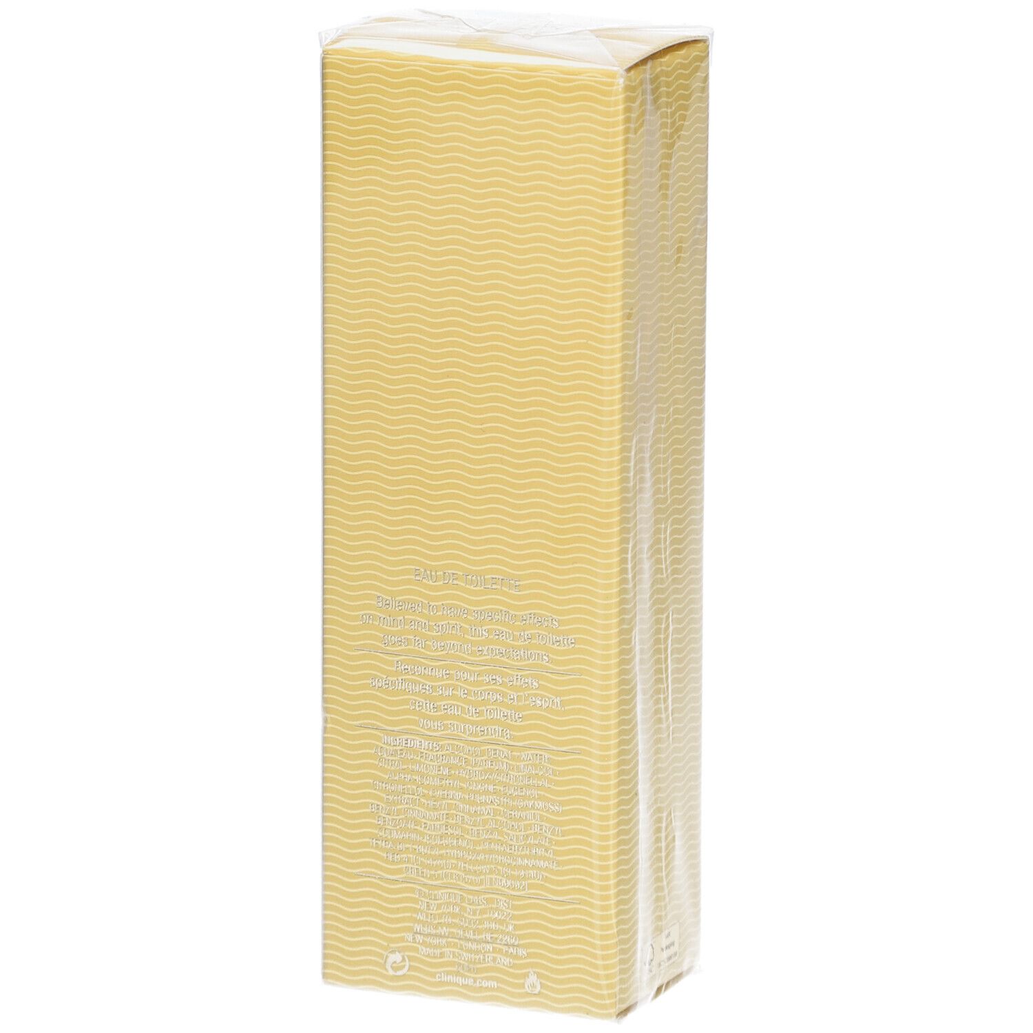 Gelbe rechteckige Schachtel mit Wellenmuster. Aufschrift: Aromatics Elixir Eau de Toilette. Verpackt.