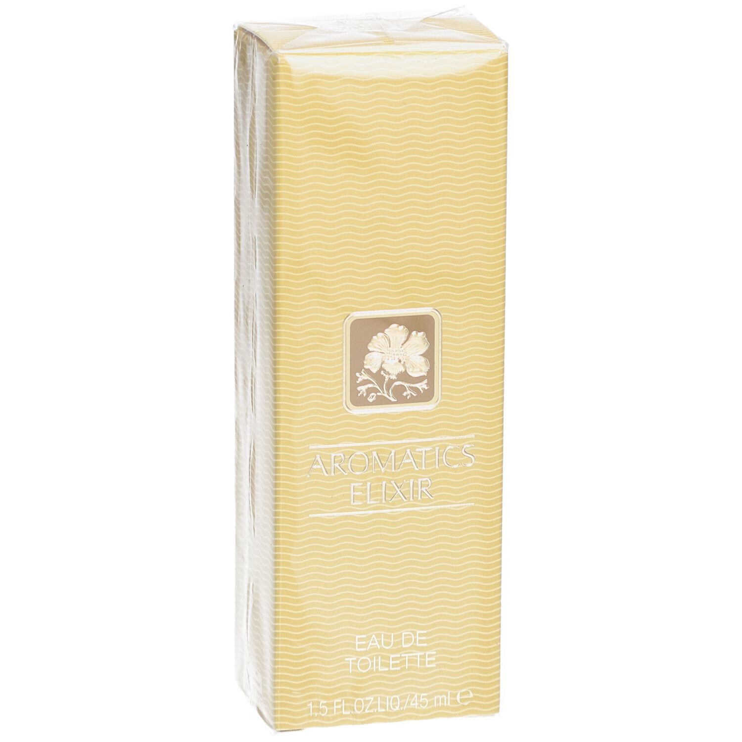 Gelbe rechteckige Schachtel mit Wellenmuster. Aufschrift: Aromatics Elixir Eau de Toilette. Logo mit Blume. Verpackt.
