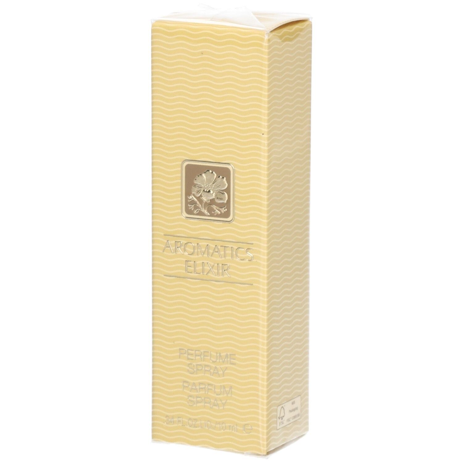 Verpackung für Clinique Aromatics Elixir Parfum Spray mit Wellenmuster und floralem Emblem.