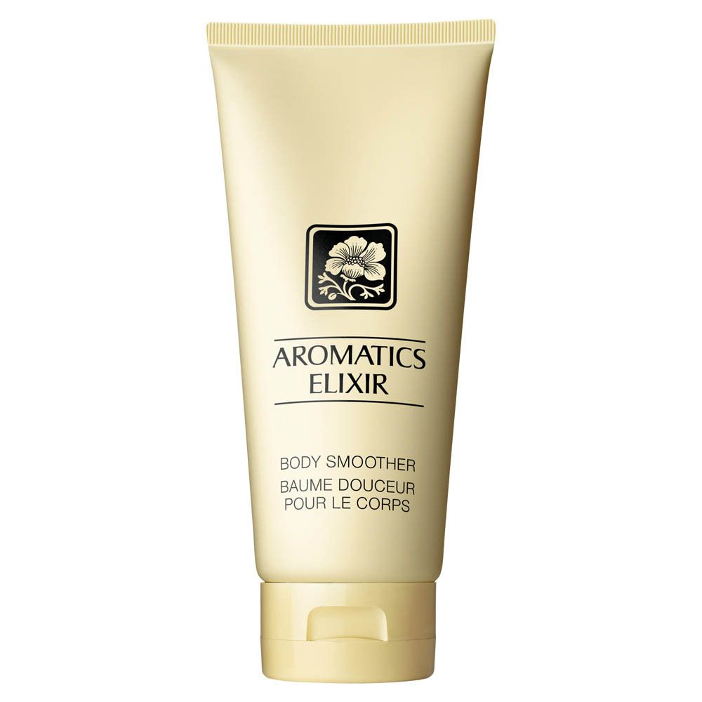 Eine cremefarbene Tube mit Clinique Aromatics Elixir Body Smoother.