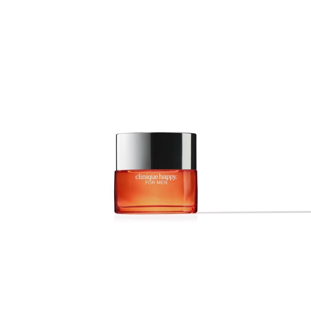Quadratischer Flakon mit silbernem Deckel. Aufschrift: Clinique Happy For Men. Orangefarbenes Glas.