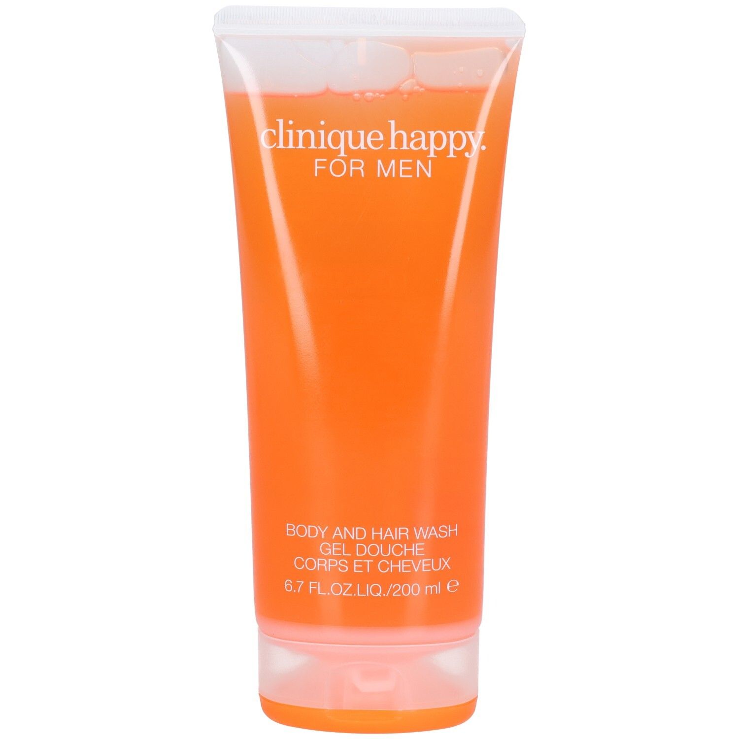 Transparente Tube mit orangefarbenem Duschgel. Aufschrift: Clinique Happy For Men. Text: Body and Hair Wash, Gel douche Corps et Cheveux.