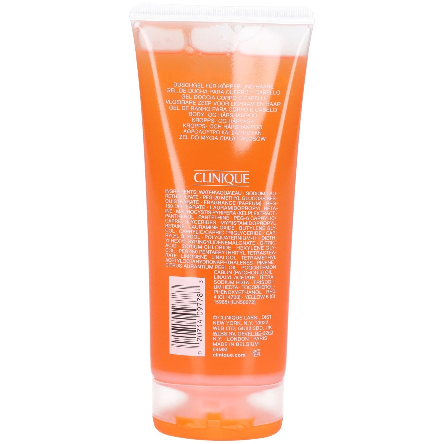 Rückseite einer Tube Duschgel. Enthält Text in mehreren Sprachen und Inhaltsstoffe. Marke: Clinique. Farbe: Orange.