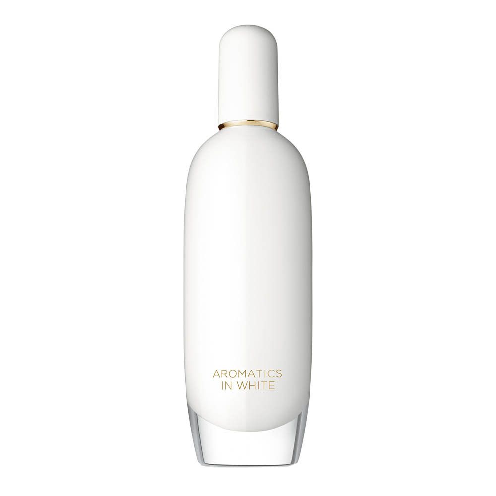 Weiße Parfümflasche mit goldener Kappe und Aufschrift 'AROMATICS IN WHITE'.