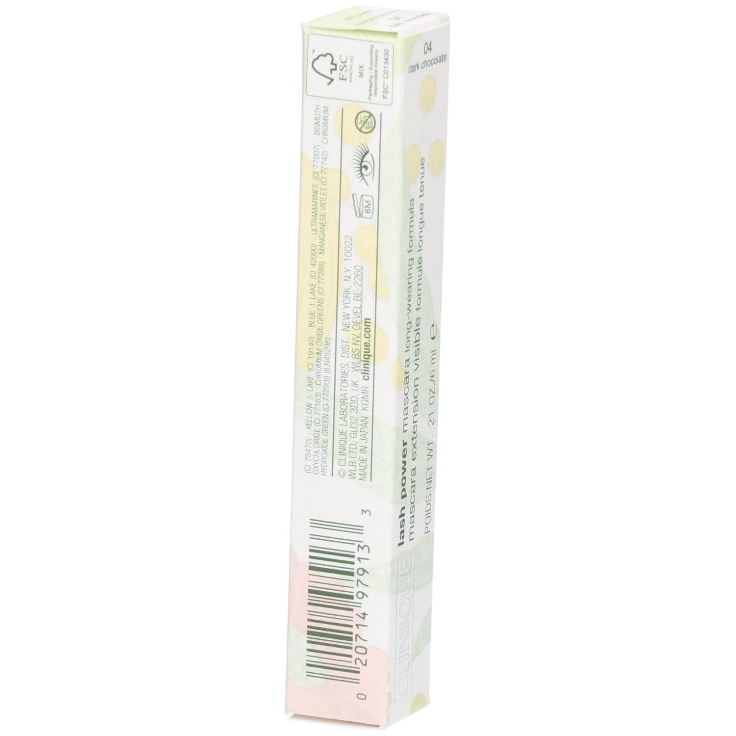 Clinique Lash Power Mascara Karton, Rückseite mit Inhaltsstoffen und FSC-Logo.