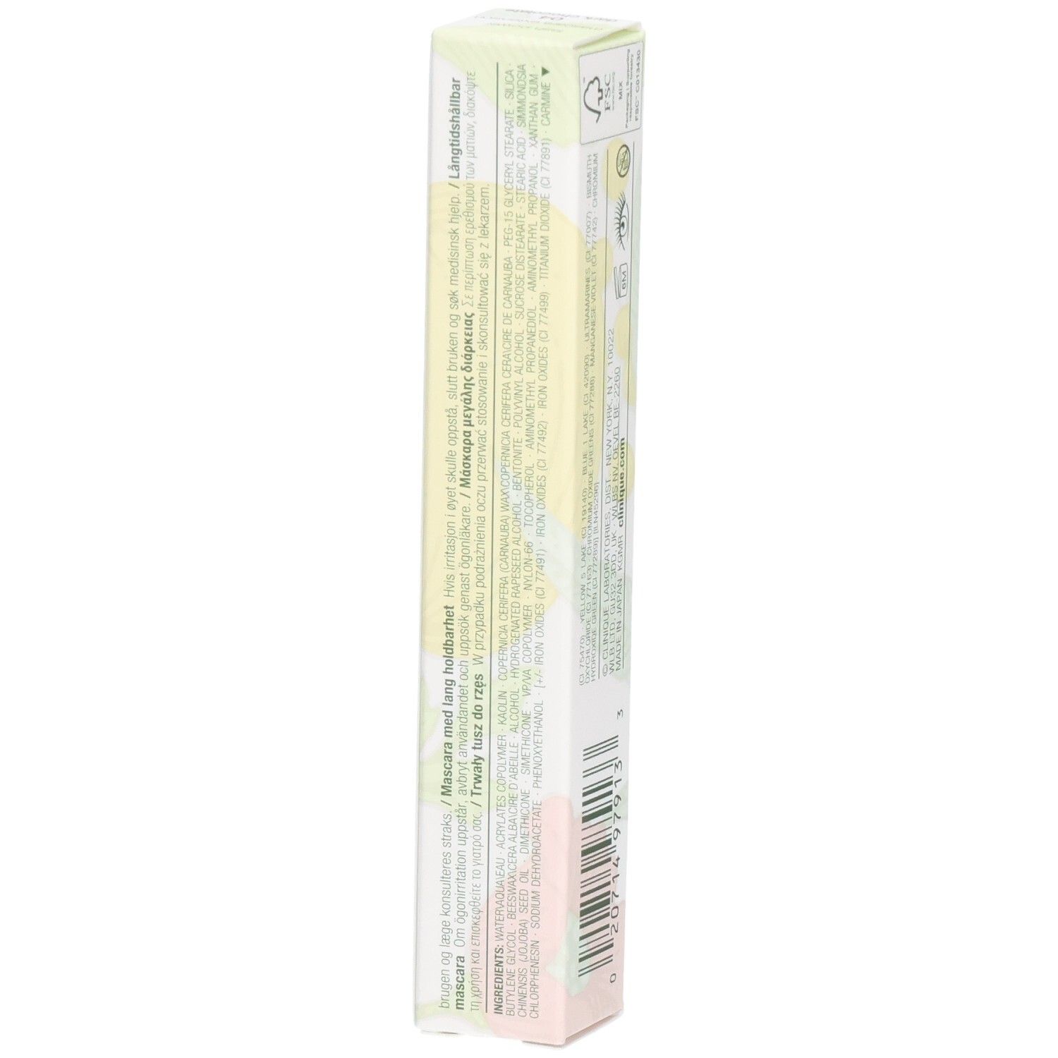 Clinique Lash Power Mascara Karton, Seite mit Inhaltsstoffen und Anwendungshinweisen.