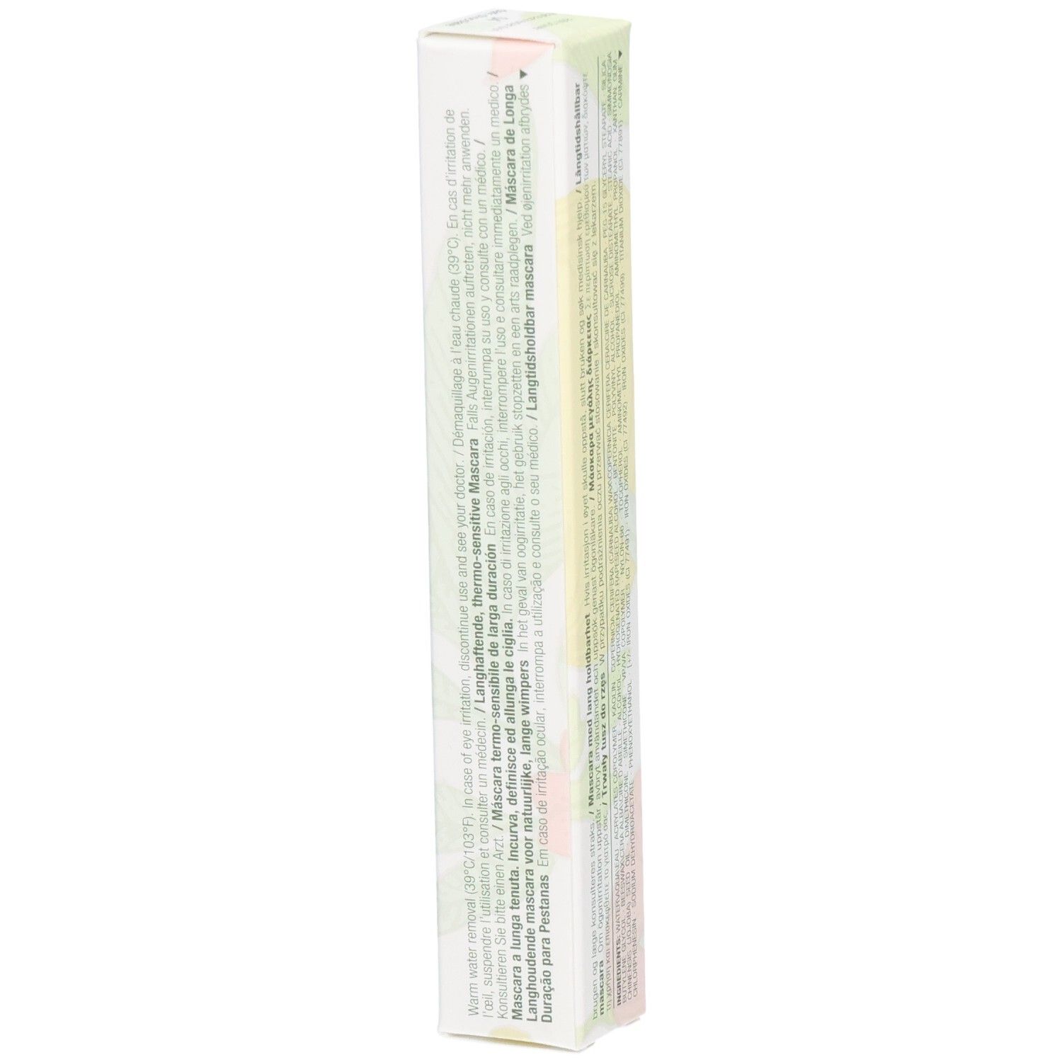 Clinique Lash Power Mascara Karton, Seite mit Produktinformationen in mehreren Sprachen.