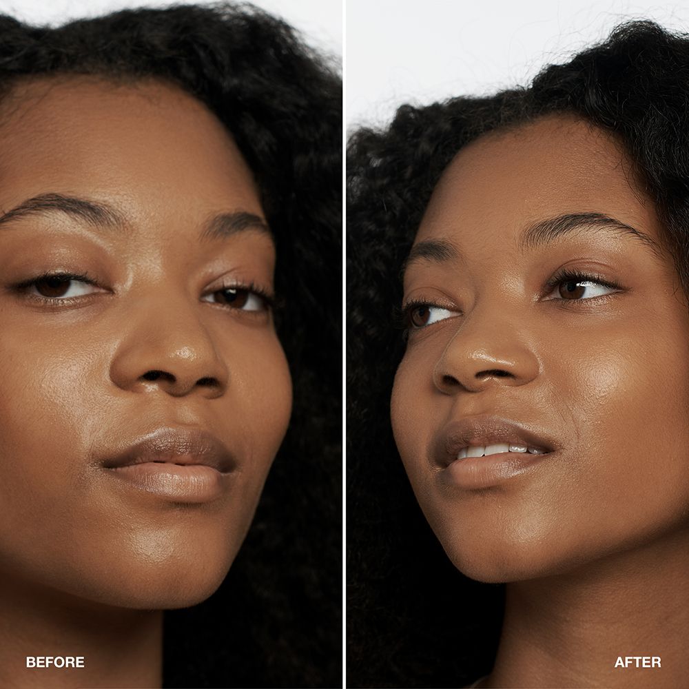 Vorher-Nachher-Vergleich. Frau mit dunklem Haar. Linke Gesichtshälfte: ohne Make-up. Rechte Gesichtshälfte: mit Make-up.