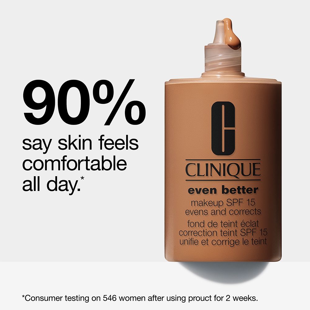 CLINIQUE Even Better™ Makeup SPF 15 Flasche. Text: 90% sagen, die Haut fühlt sich den ganzen Tag wohl. Produktinformationen.