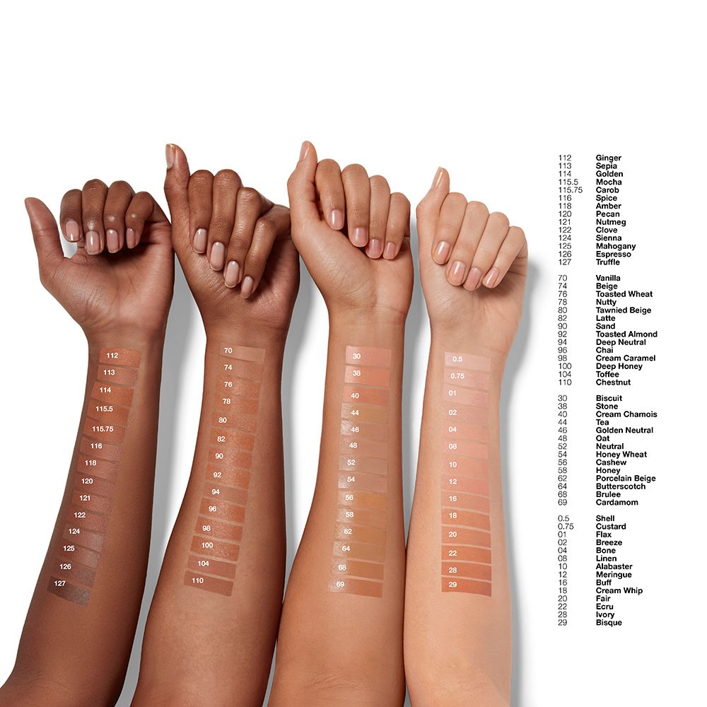 Vier Arme mit Make-up-Farbtönen. Verschiedene Hauttöne. Farbnummern und Namen.