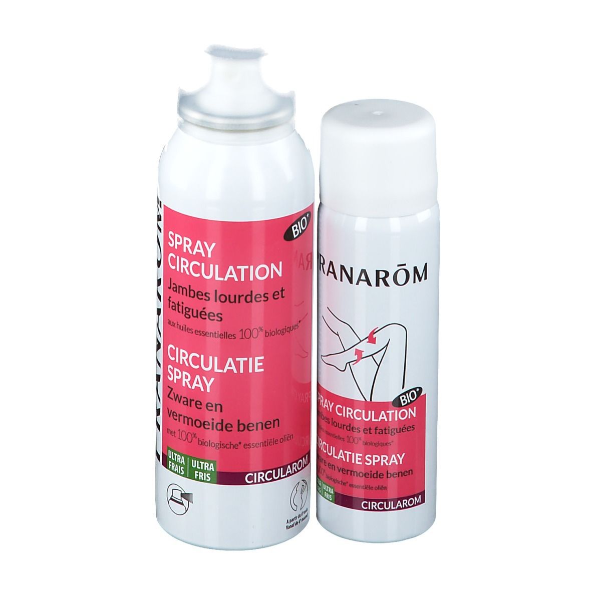 Zwei Sprays, weiß mit roter Beschriftung. Aufschrift: Spray Circulation. BIO-Zertifizierung.