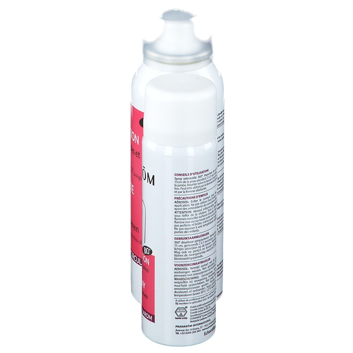 Zwei weiße Sprays, Rückansicht. Text und Warnhinweise auf den Etiketten. BIO-Zertifizierung.