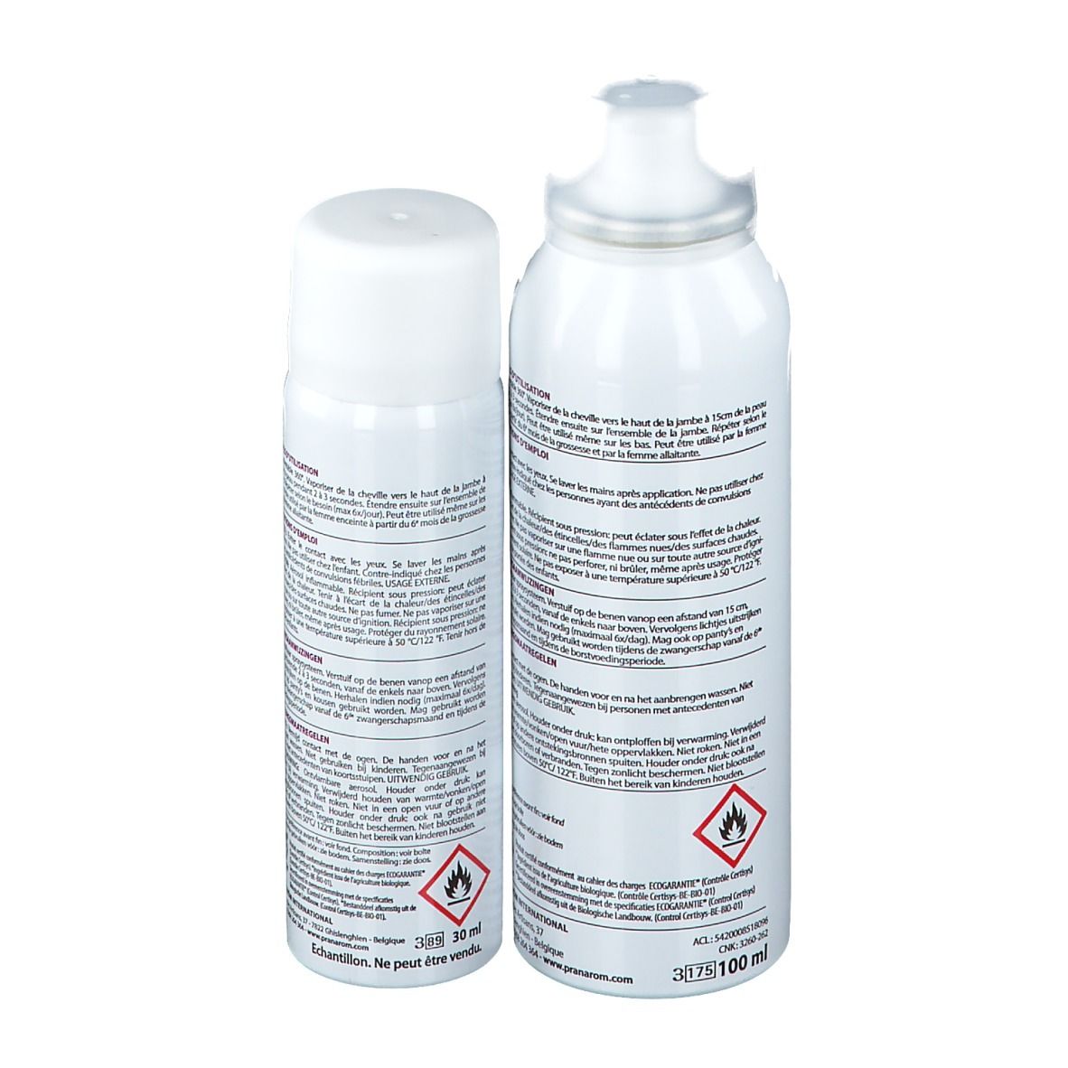 Zwei weiße Sprays, Rückansicht. Text und Warnhinweise auf den Etiketten. 100 ml und 30 ml.