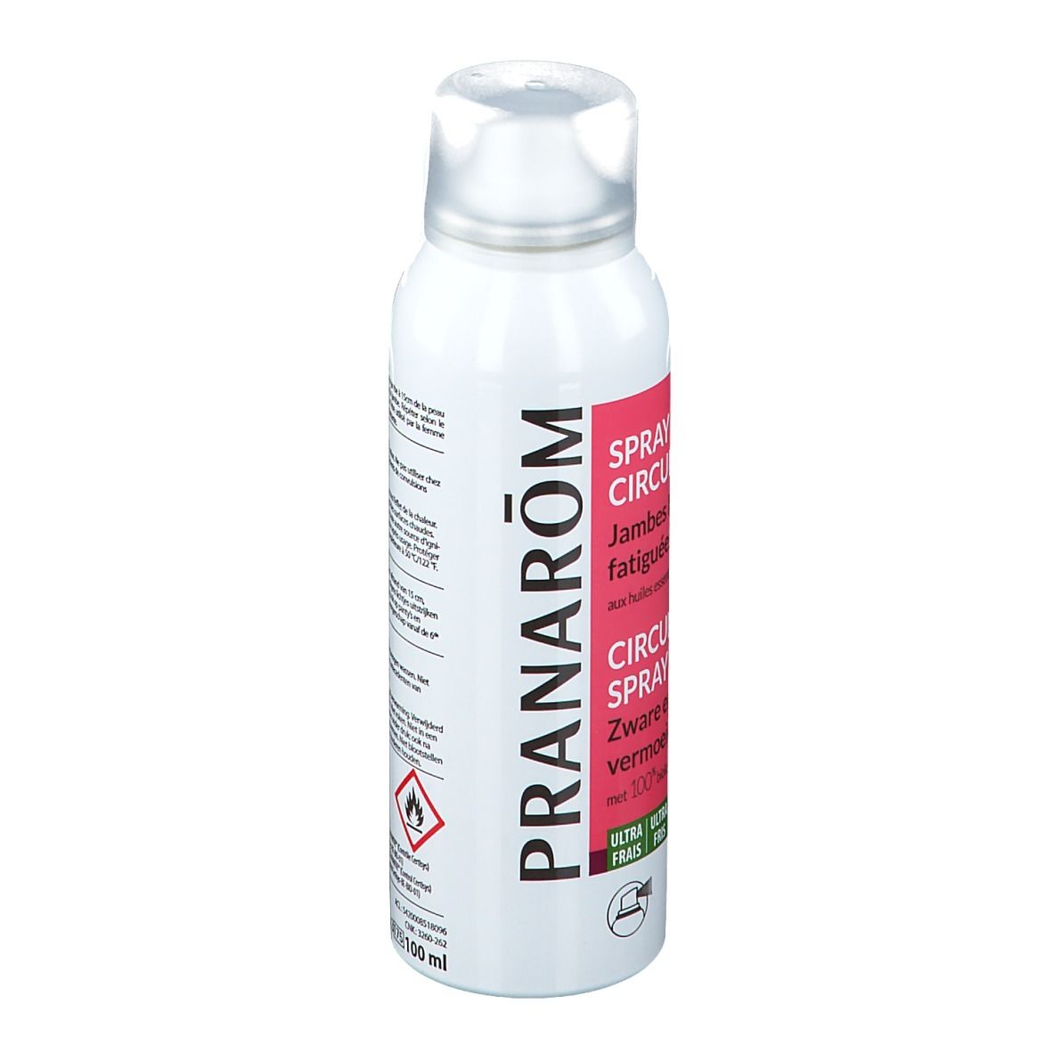 Weißes Spray mit roter Beschriftung. Aufschrift: PRANAROM, Spray Circulation. 100 ml.