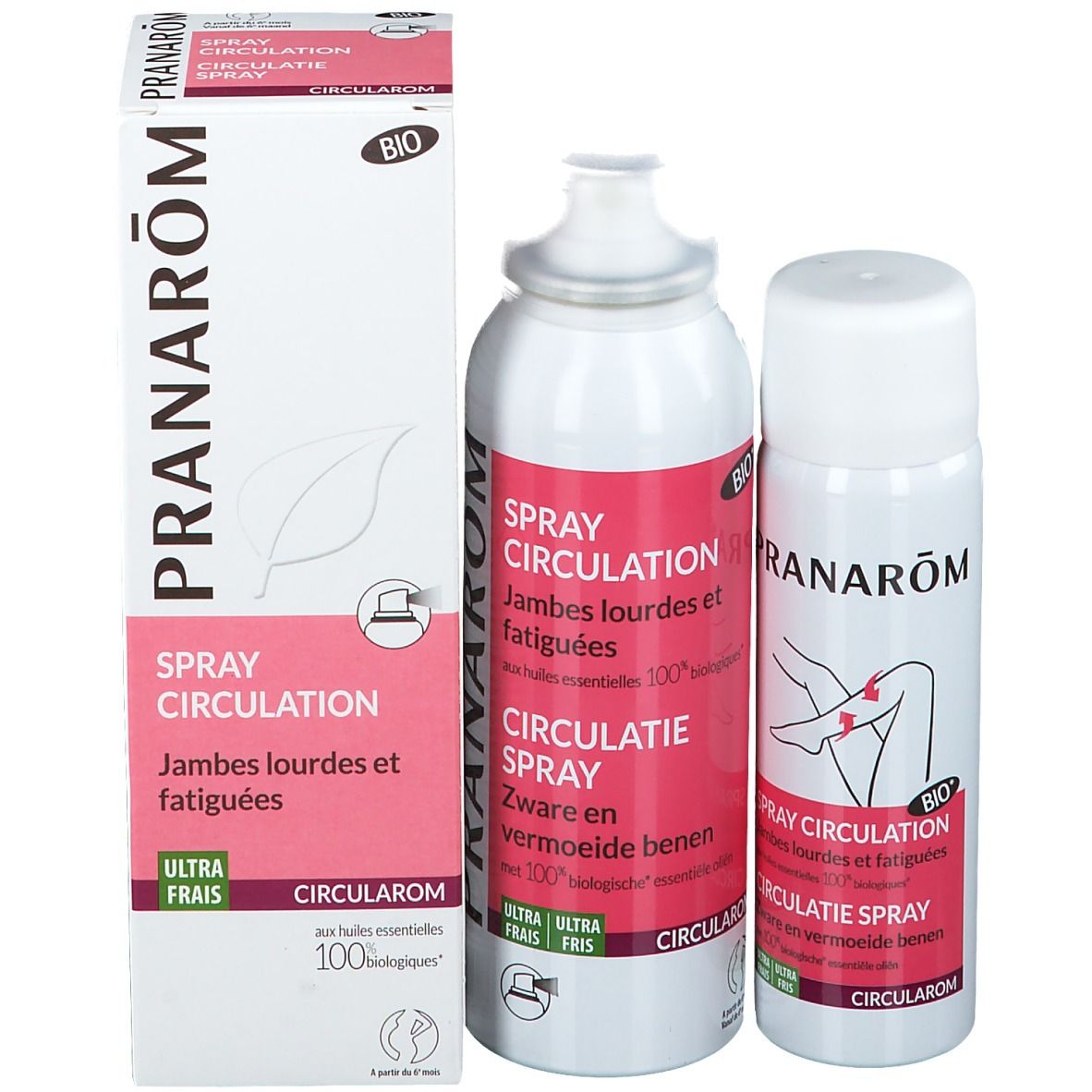 Verpackung und zwei Sprays. Aufschrift: PRANAROM, Spray Circulation. BIO-Zertifizierung.