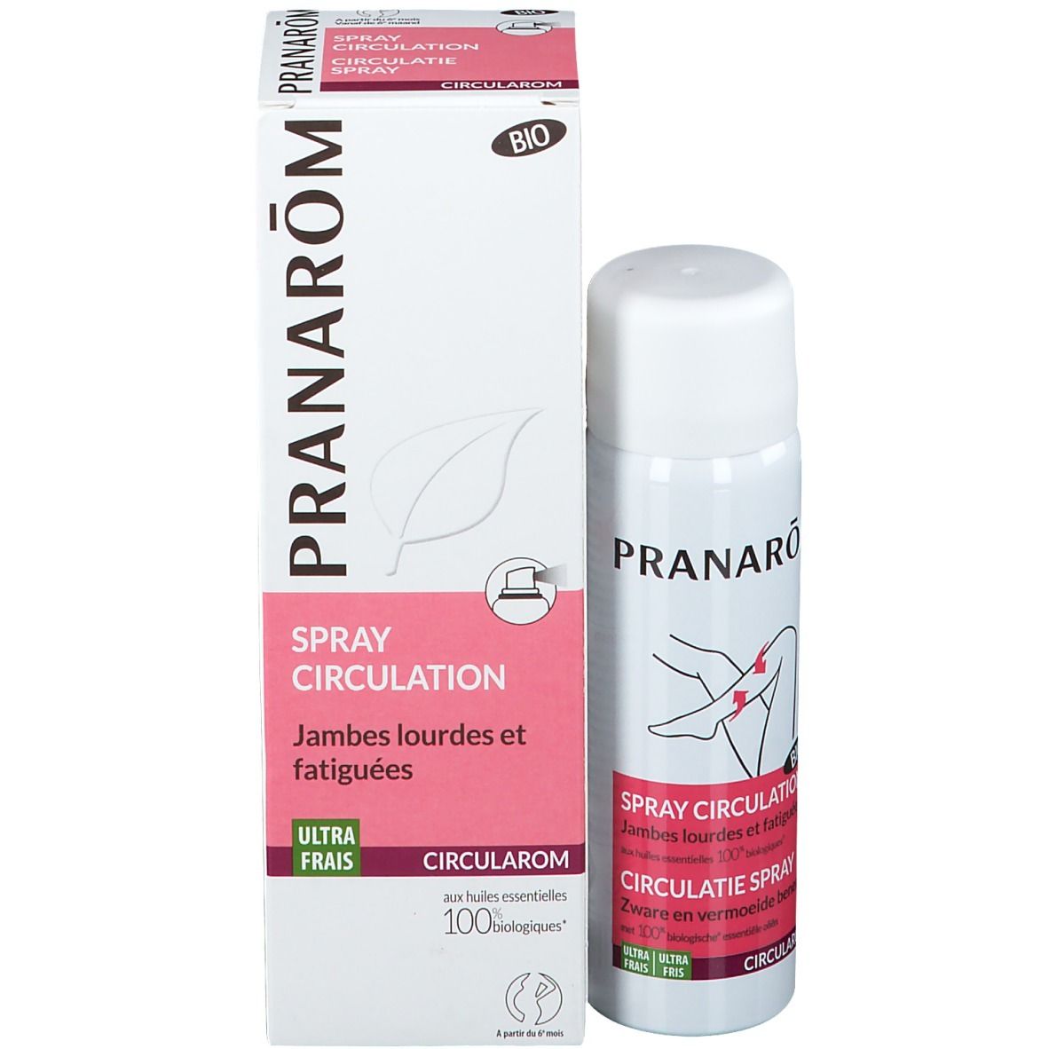 Verpackung und Spray. Aufschrift: PRANAROM, Spray Circulation. BIO-Zertifizierung.