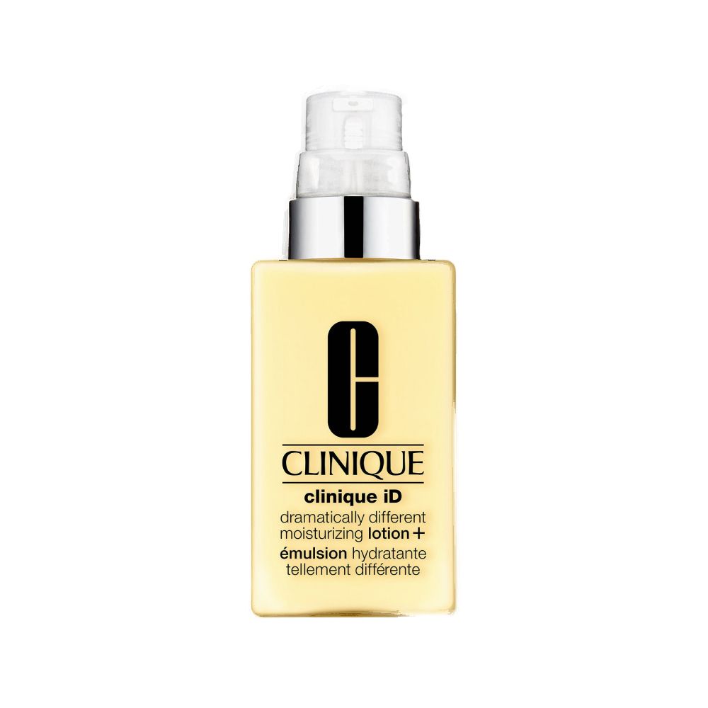 Gelbe Flasche mit Pumpe. Enthält CLINIQUE iD™ Moisturizing Lotion+. Text auf der Flasche.